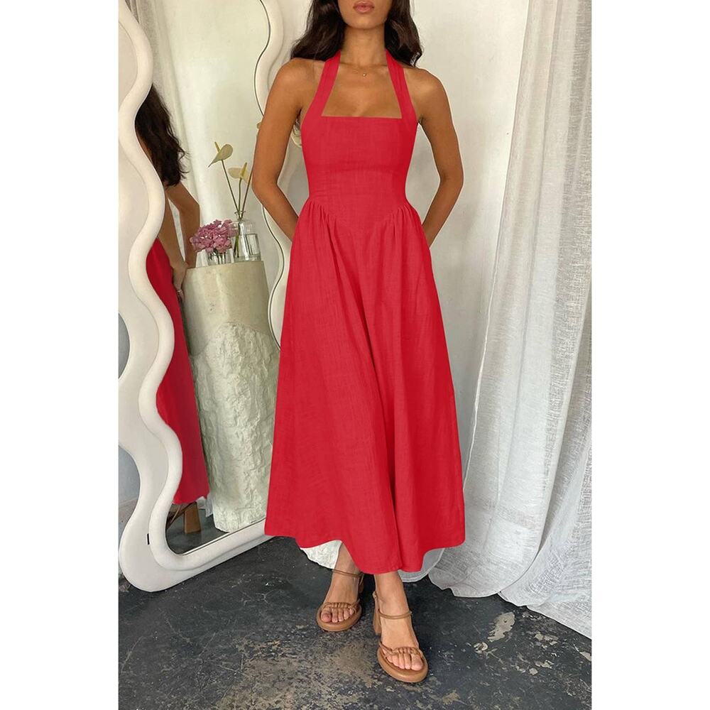 Supreme Fashion A Line Long Dress Womens XL Red Sleeveless Pockets Chic NWT
